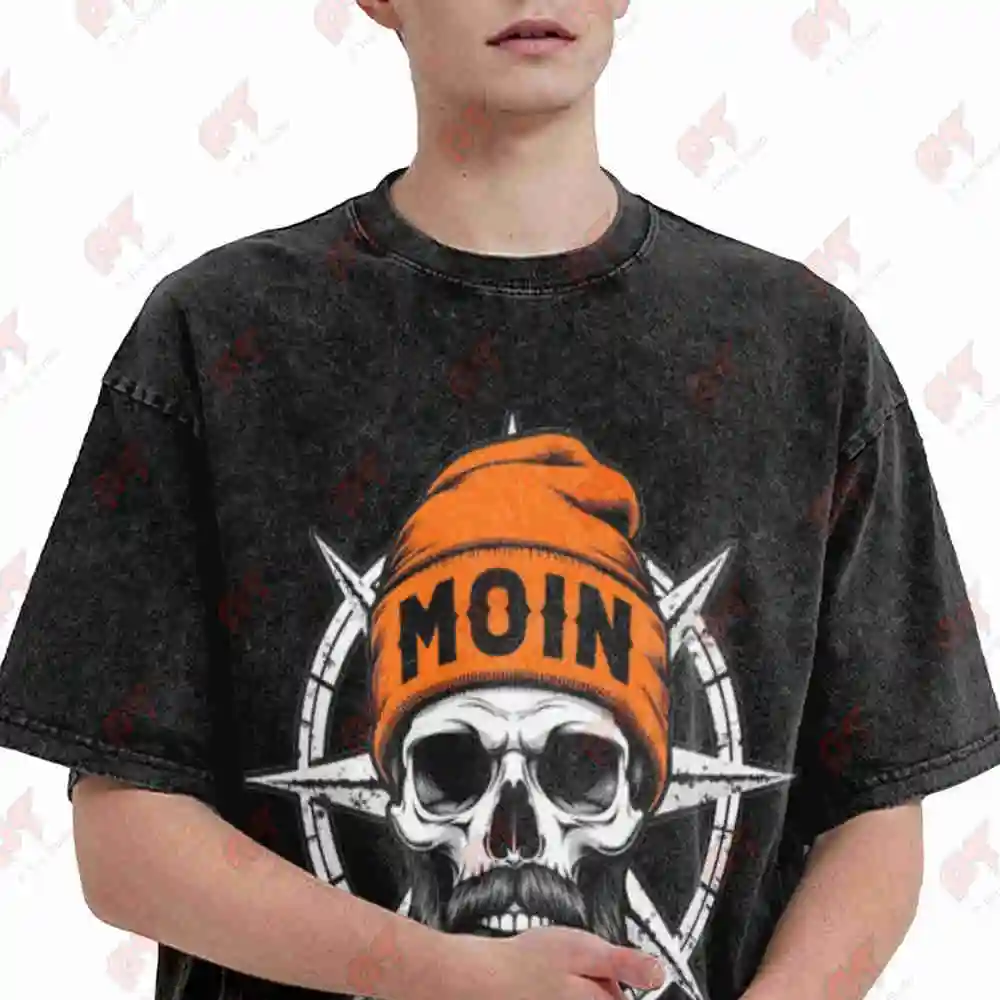 Gothic Skull Beard Moin Logo Streetwear Vintage Washed Tee Pure Cotton T-Shirt