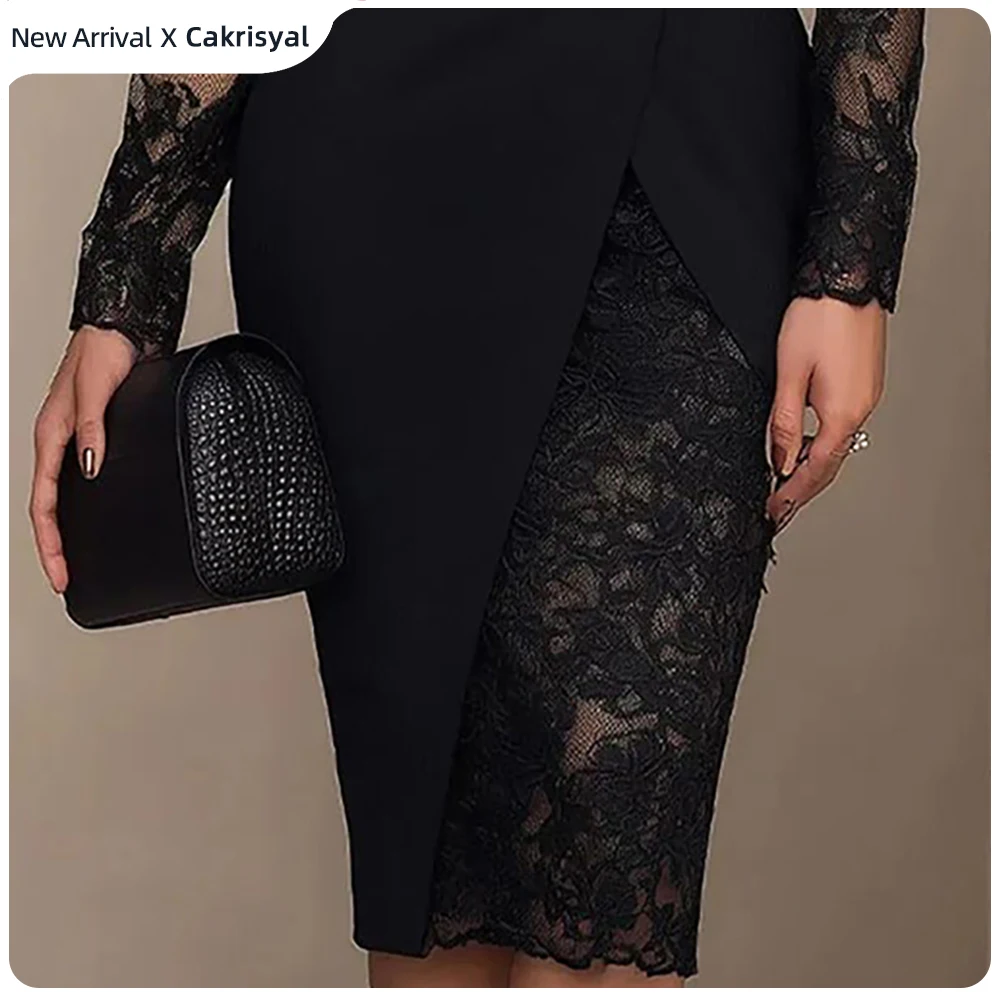 

Women's Black Blazer Sheer Mesh Dress Elegant Lace Long Sleeve Fashionable Lapel V Neck Bodycon Midi Dress Party Evening Dresses