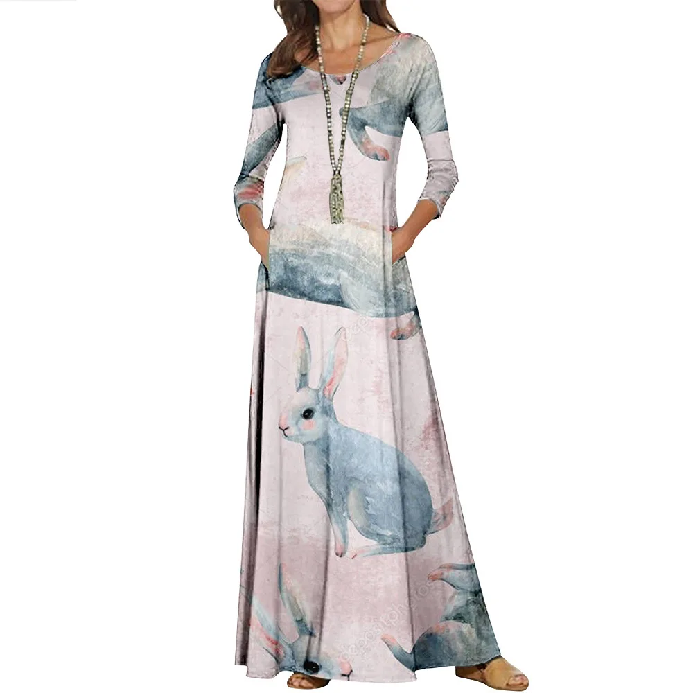 Woman Elegant Round Neck Blue Printed Long Dress Spring Autumn Long Sleeve Beach Casual Dressss