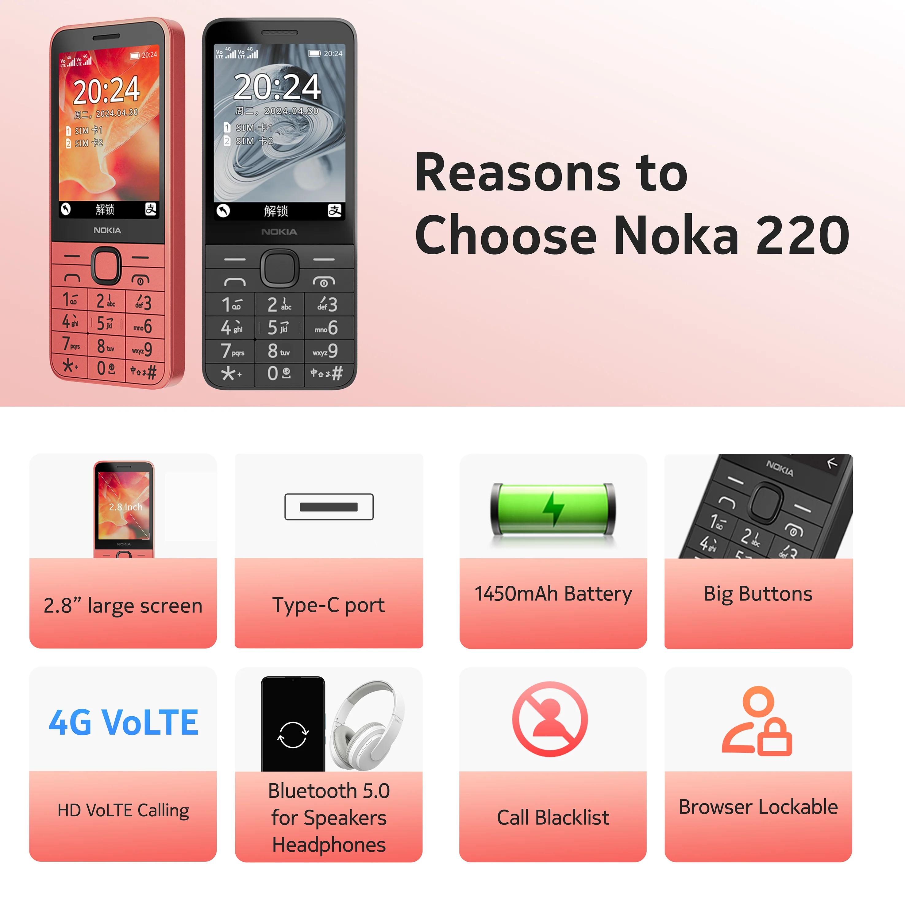 2024 New and Original Nokia 220 4G Feature Phone Dual SIM 2.8 Inch Display 1450mAh Bettery Bluetooth FM Radio Mobile Phone