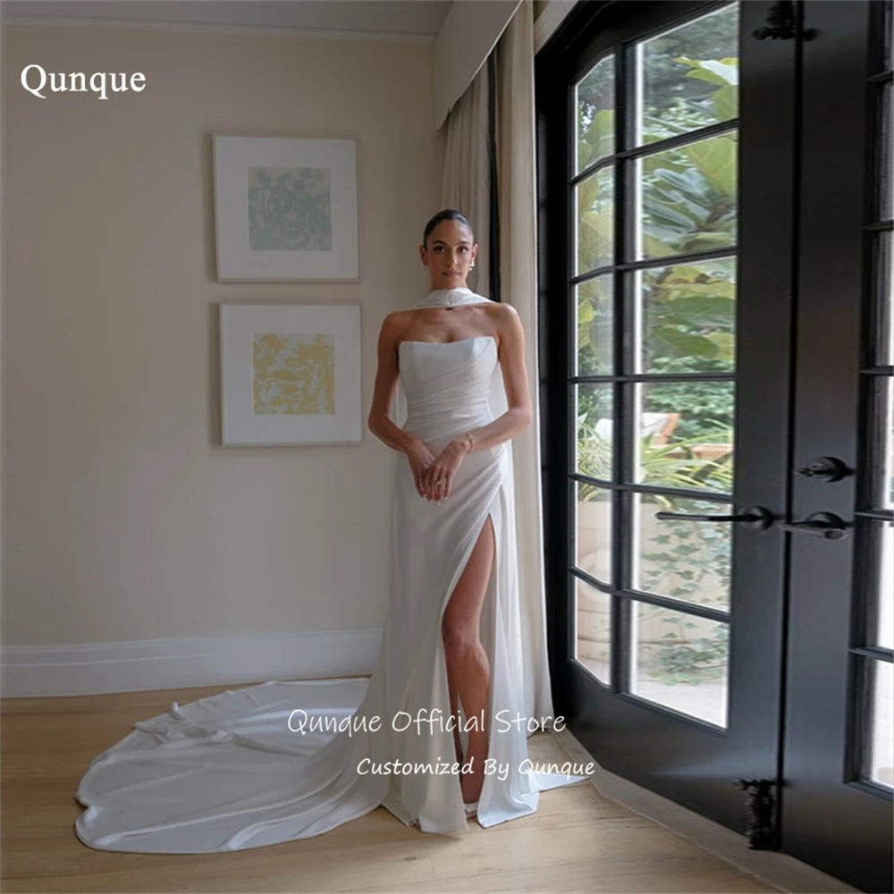 

Qunque Pleated Strapless Mermaid Wedding Dress Sweep Train Bridal Gown Romantic High Side Slit Vestido De Novia Boda Customized