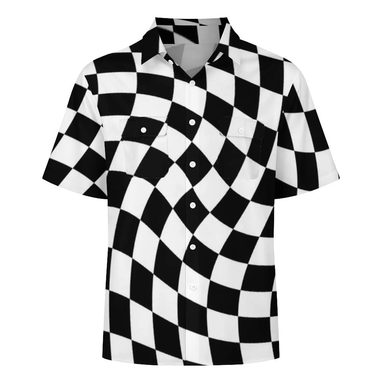 เสื้อฮาวายห้องพักช่วงวันหยุดบทคัดย่อ Checkerboard เสื้อสีดําสีขาว Checker Vintage เสื้อลําลองผู้ชายแขนสั้น Oversize Tops