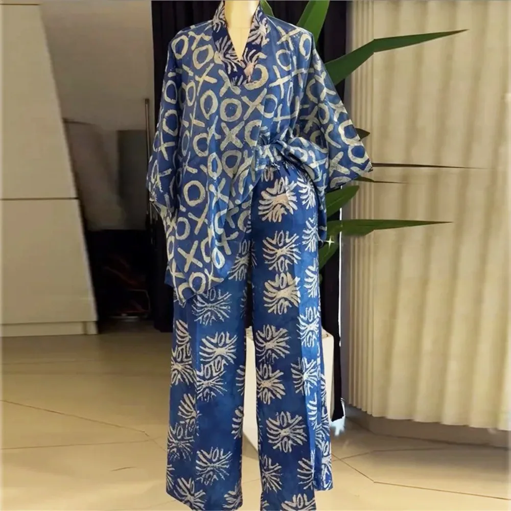 Women Casual Y2k Streetwear Two Piece Pant Set 2026 V Neck Bat Sleeve Print Tops Elastic Waist Loose Wide Leg Long Pants