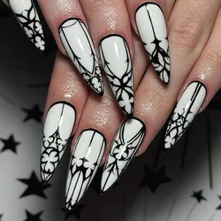 24 Pcs Acrylic Fake Press on Nails for Gluing Gothic Style Long Almond False Nails with Glue Black White Cheap Simple Nail Tips