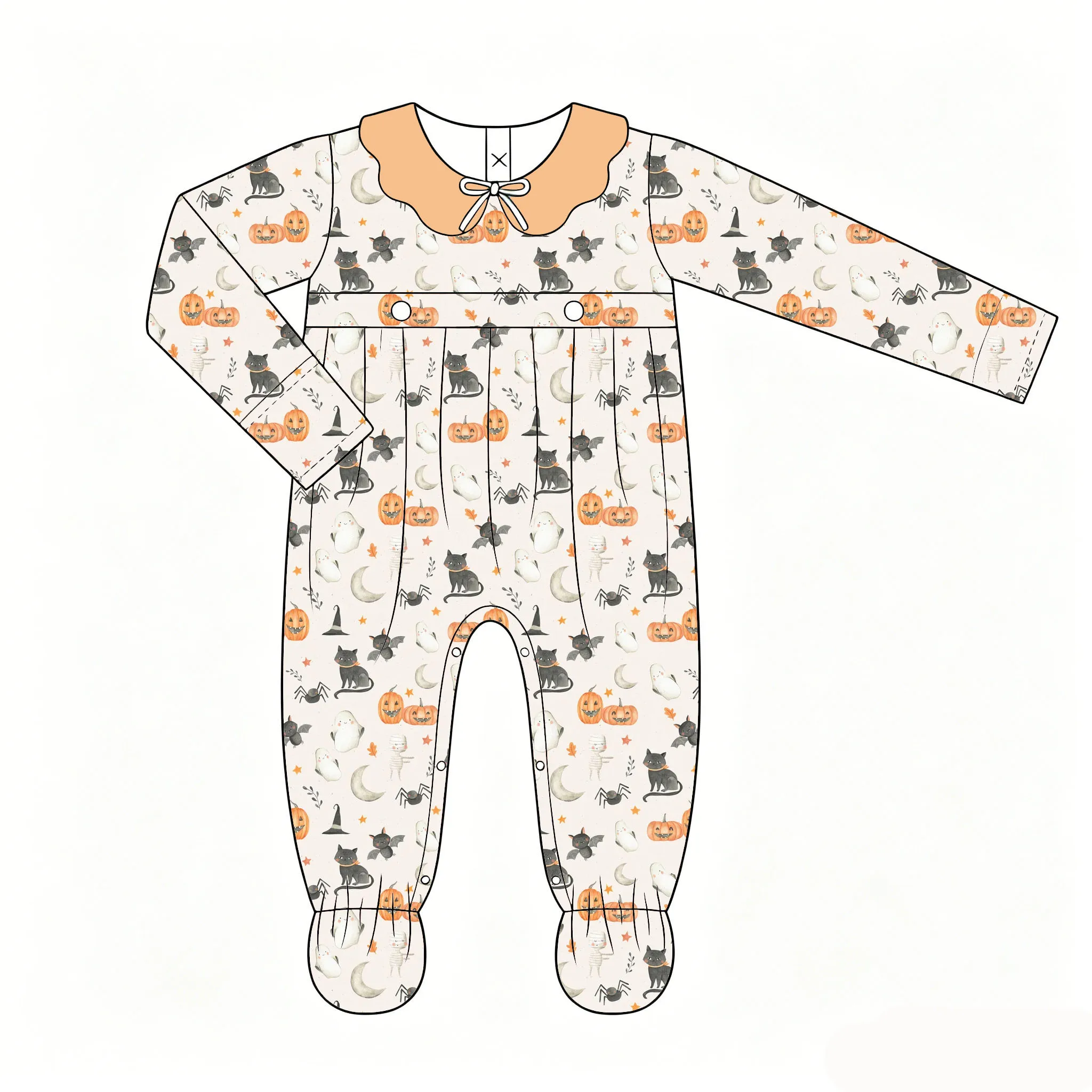Boutique Long Jumpsuit with Lapel and Bow Decoration Halloween Ghost Pumpkin Cat Print Wholesale