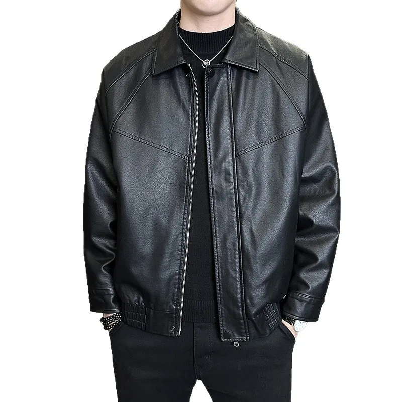 

4XL мужская короткая кожаная куртка мужская деловая куртка с лацканами на молнии осень-зима кожаная куртка с длинными рукавами мужская куртка 100 кг