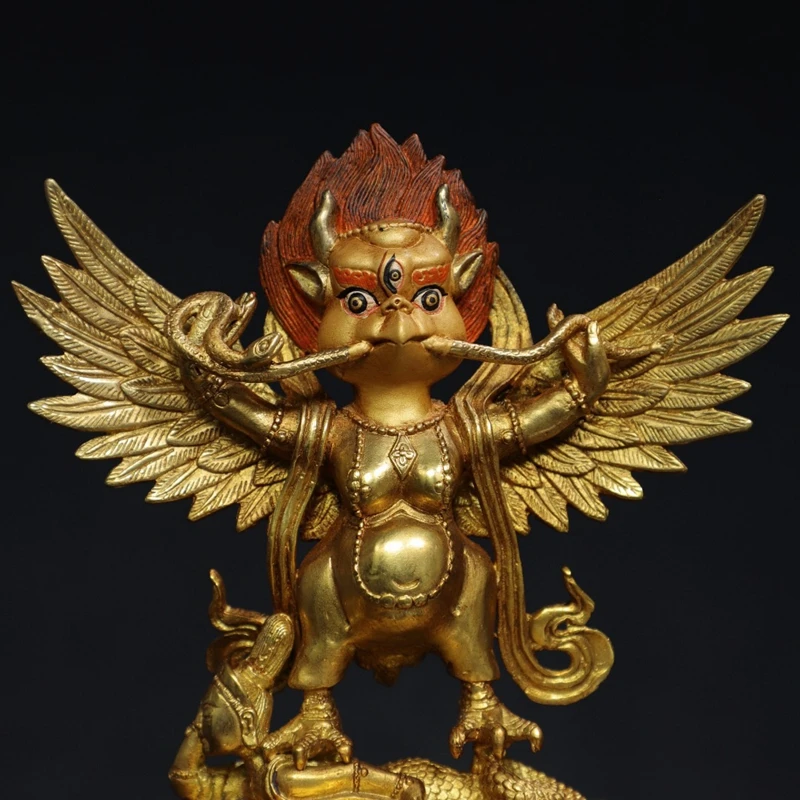 Antique Collection Pure Copper Gilt Painted Dapeng Bird Golden-winged Bird Bronze Statue of Buddha Bronze Statue of Lei Zhenzi H