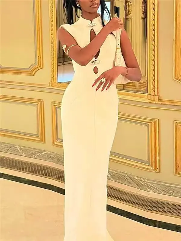 BSAY ノースリーブ中空ドレス女性のためのファッション秋冬新固体 O ネックベストドレスフレンチシックな女性のイブニング服