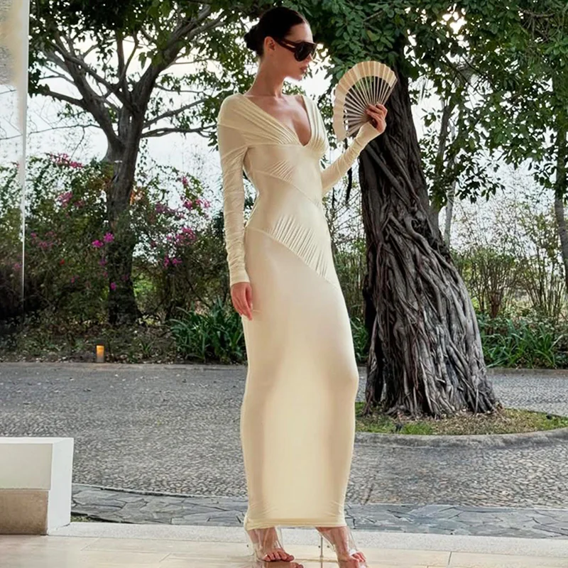 

Ticketsx V Neck See Through Ruched Long Sleeve Dress Sexy High Waist Patchwork Vestidos Autumn High Street Luxury Evening Dress