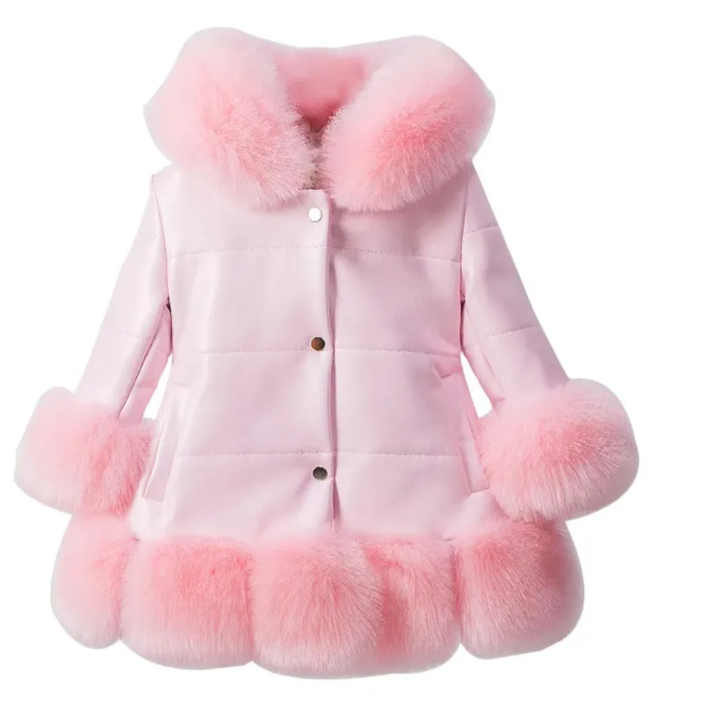 Kids red girl\'s PU leather fox faux fur collar jacket Eid coat down parkas thicken princess winter outerwear fur Christmas coat