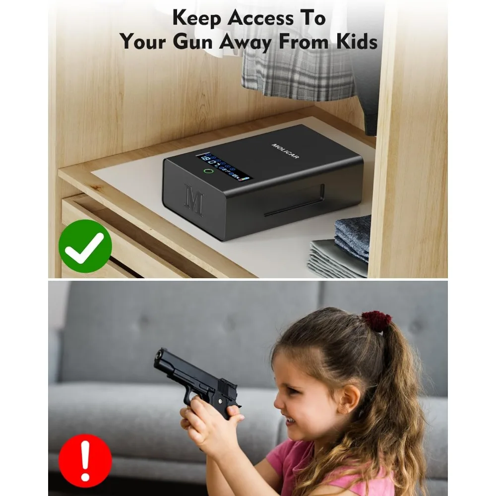 Gun Safe for Handgun, Alarm Clock Biometric Pistol Safe Fingerprint Handgun Safe with Touchscreen Keypad LCD of Temp, Humidity,