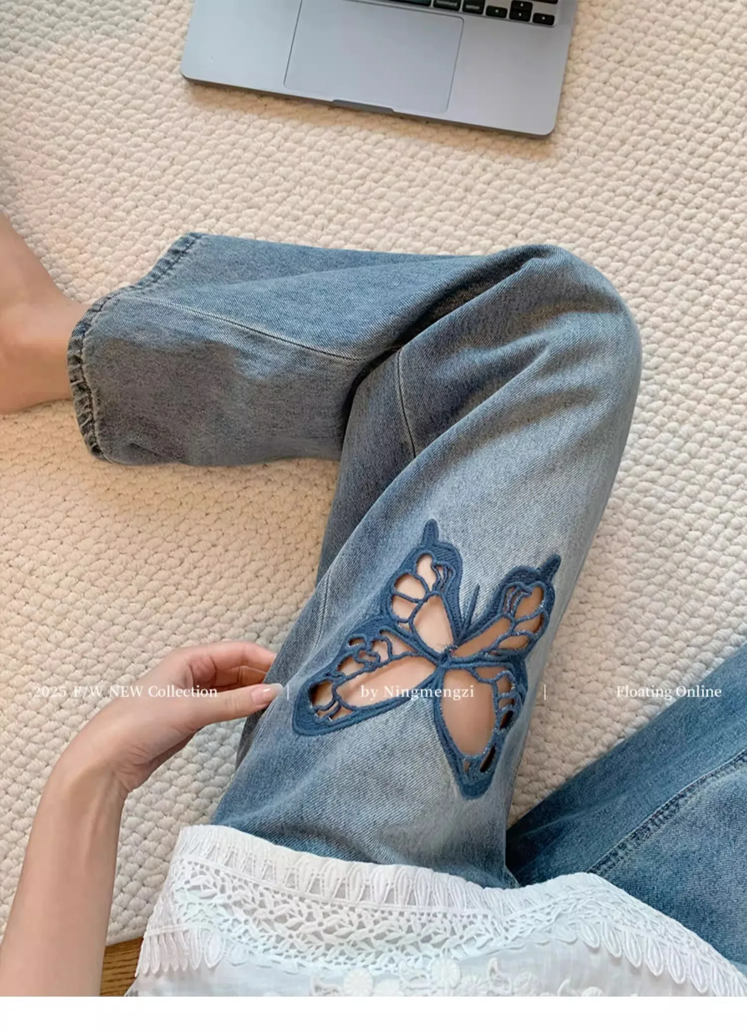

Women's Retro Blue Hollow Embroidered Butterfly Straight Jeans High Waist Y2k Korean 2000s Fashion Loose Casual Wide-Leg Pants
