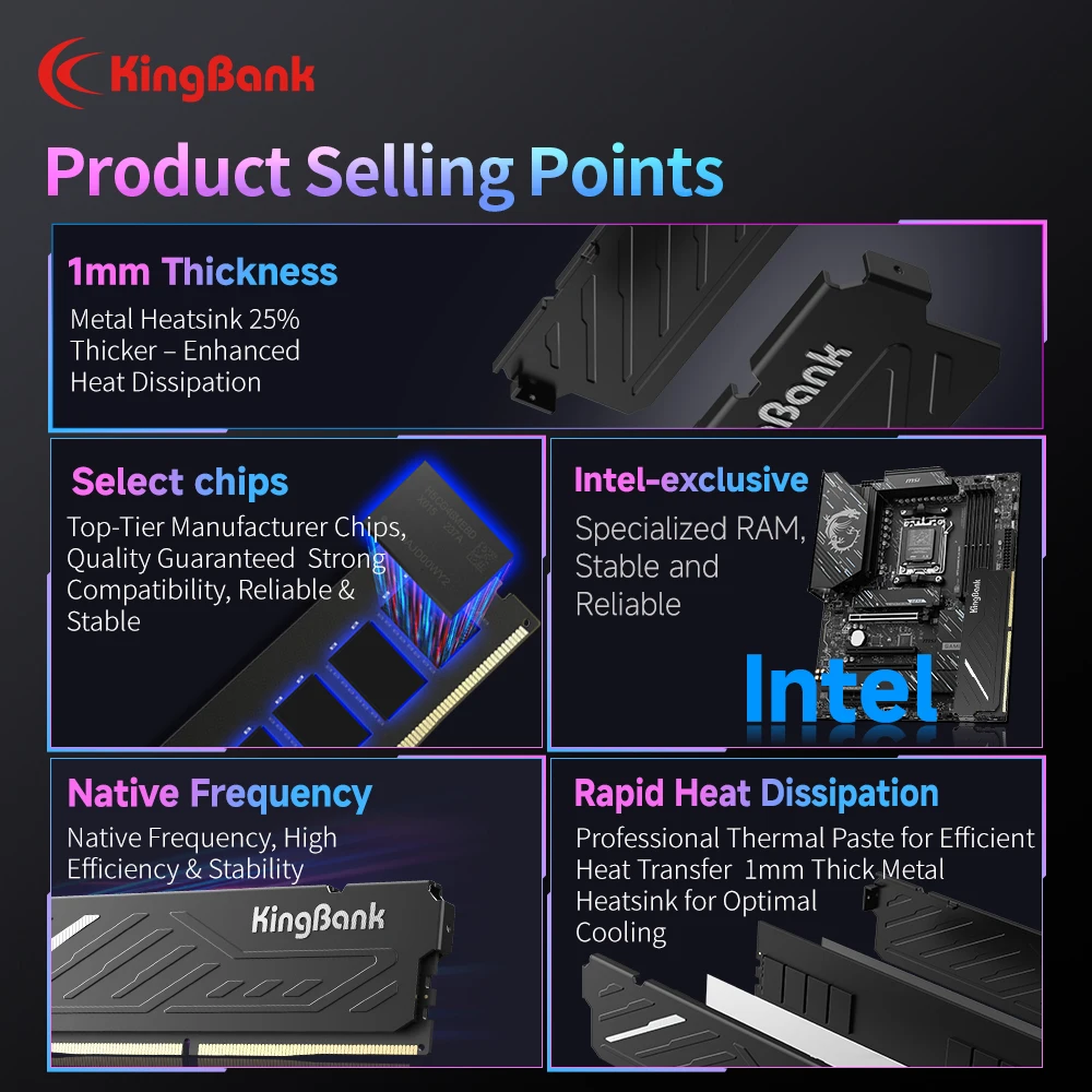 KingBank KJIB DDR4 RAM 8GB 16GB 2666MHz Desktop Computer Memory with Heatsink for Intel Gaming Desktop Memory Black