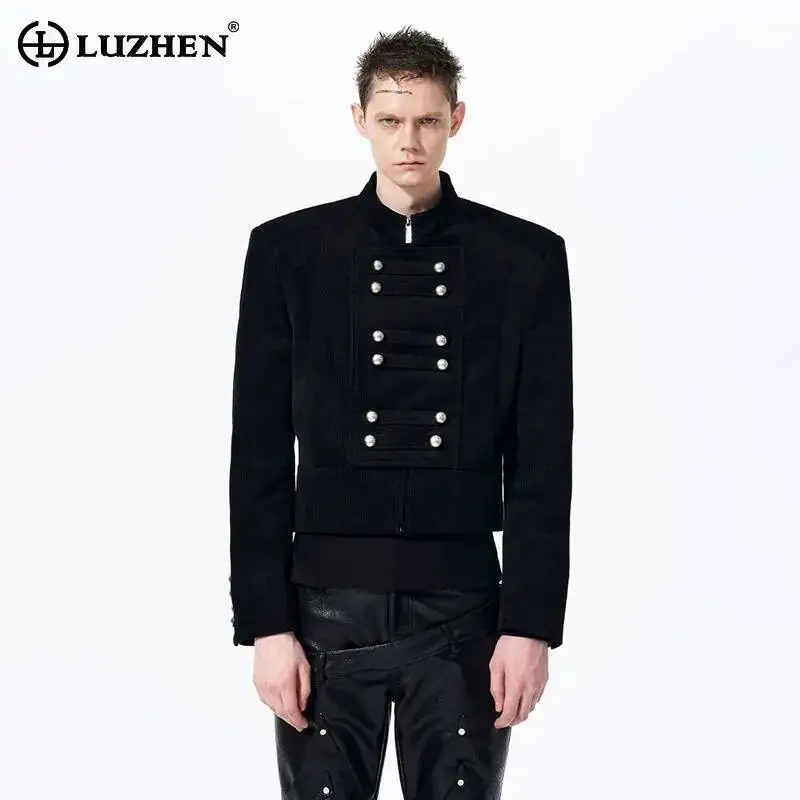 LUZHEN 2026 New Double Breasted Decorate Patchwork Cross Placket Design Short Jacket Men Fashion Handsome Stand Neck Coat JY6688