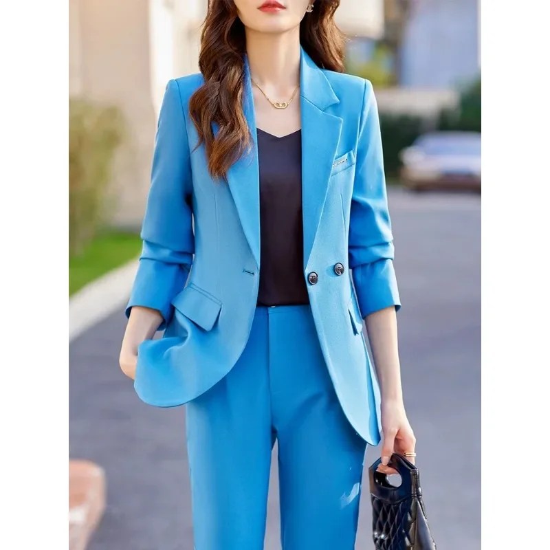 Fashion Blue Black Apricot Ladies Pant Suit Formal Women Business Work Wear Jacket Blazer Trouser 2 Piece Set For Autumn Winter