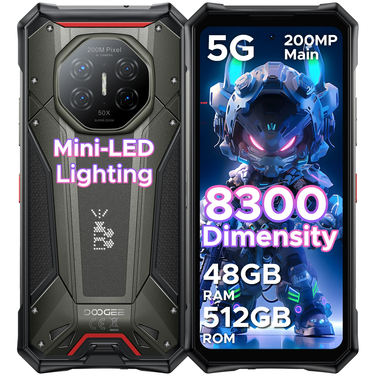 T�l�phone robuste DOOGEE S300 Pro 5G, processeur Dimensity 8300, �cran 6,78'', 48 Go de RAM (16 Go + 32 Go), 512 Go de ROM, batterie 11000 mAh, appareil photo 200 MP, Android 16