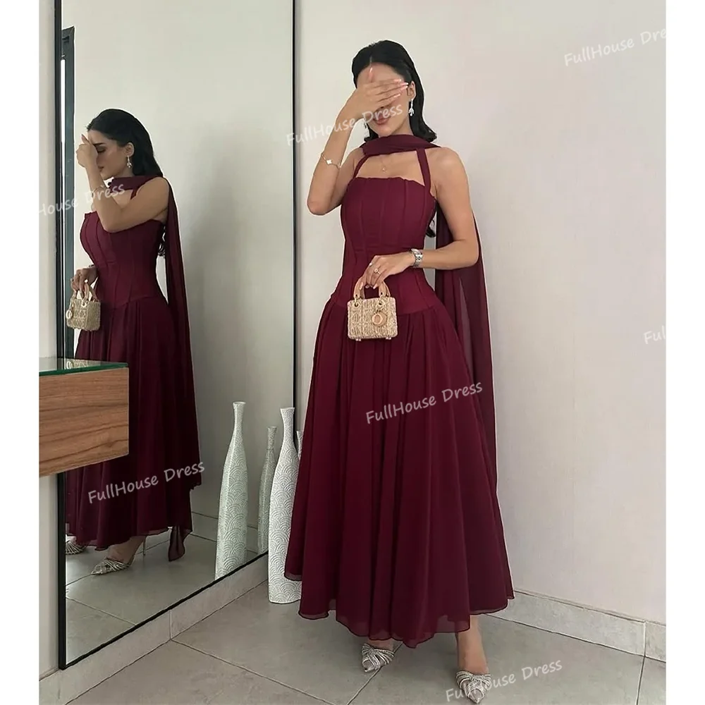 فستان سعودي ذو ياقة قارب حديثة مصنوع حسب الطلب بطبقات على شكل حرف a بطول الكاحل فستان حفلات بدون ظهر مع شال شارون سعي