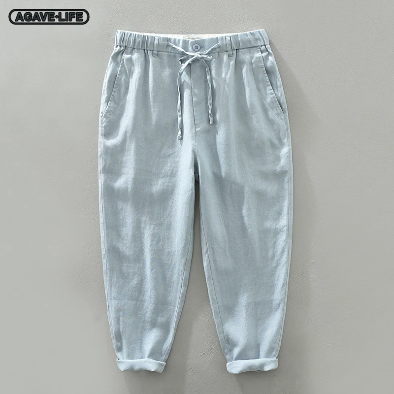 

Summer Casual Pants Men's Thin Loose Straight Linen Pant Trendy Artistic Elastic Waist Knee-length Pant Men Comfortable Trousers