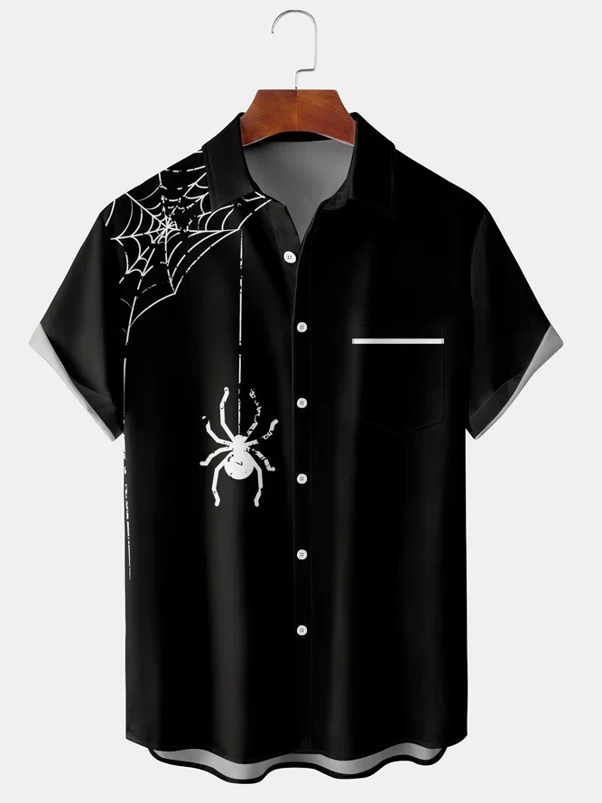 New Hawaiian Men Halloween Spider Print Shirts Spider Web Design Summer Casual Soft Breathable Shirts