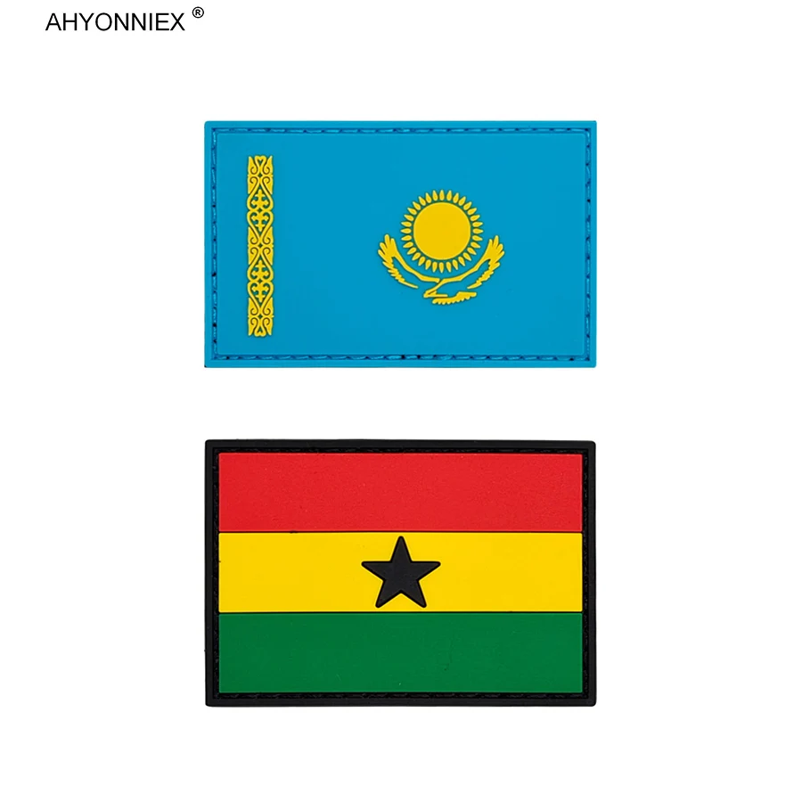 AHYONNIEX 1PC PVC Material Kazakhstan Ghana Flag Patch Tactical Military 3D Rubber Stickers For Jeans Clothes Bags Badges