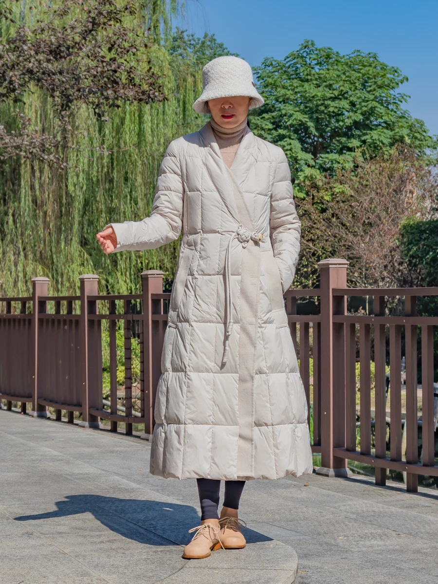 

Winter New Double-Sided Woolen V-Ne Mid-Length Women's down Jaet Patchwork eepskin Chinese Sle Button Pure Color Comm...