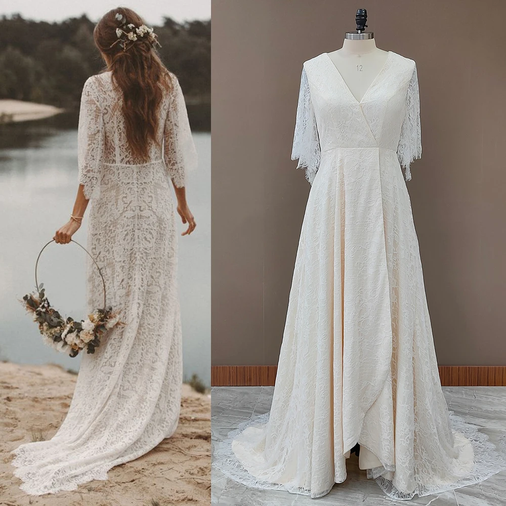 Fotos reais boho meia alargamento mangas rendas a linha vestido de casamento mais tamanho v pescoço laço boho ilusão voltar alta dividir vestidos de noiva