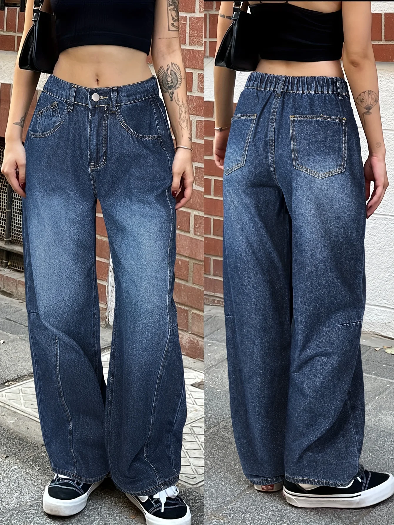 กางเกงยีนส์เอวสูงทรงตรงแบบวินเทจ Y2K แต่งผ้าปะติด ยืดหยุ่นได้ เหมาะสำหรับใส่ไปเรียน