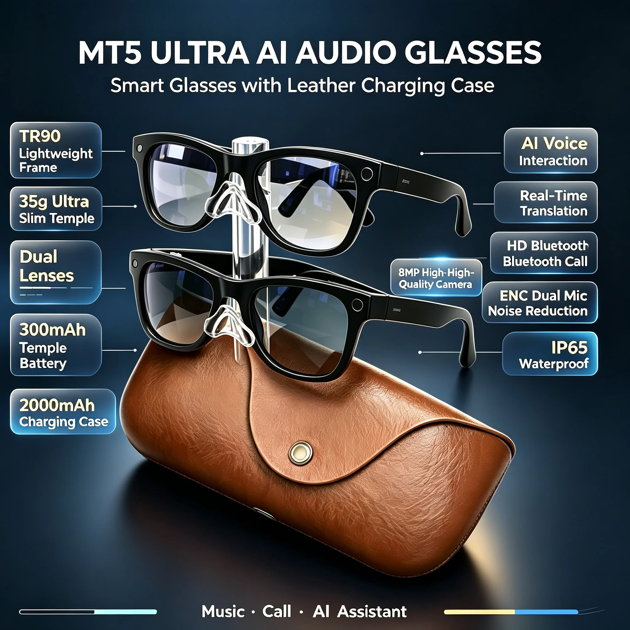 Smart AI Glasses MT5 Ultra HD 8MP Camera Video Recording Voice Call with Charging Case Intelligent AI Translation Glasses