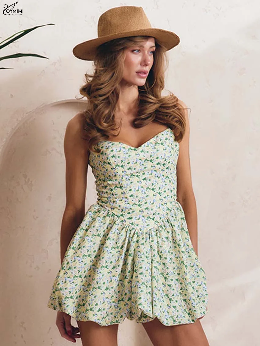 

Oymimi Fashion Green Print Womens Dresses Elegant Spaghetti Strap Open Back Dresses Autumn New High Waist Pleated Mini Dress