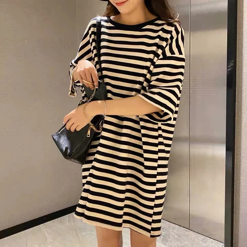 

Lazy Style Striped Loose Youth T Shirts Women Clothing Summer Simplicity Short Sleeve O-neck Casual Tops Fashion Korean Trend