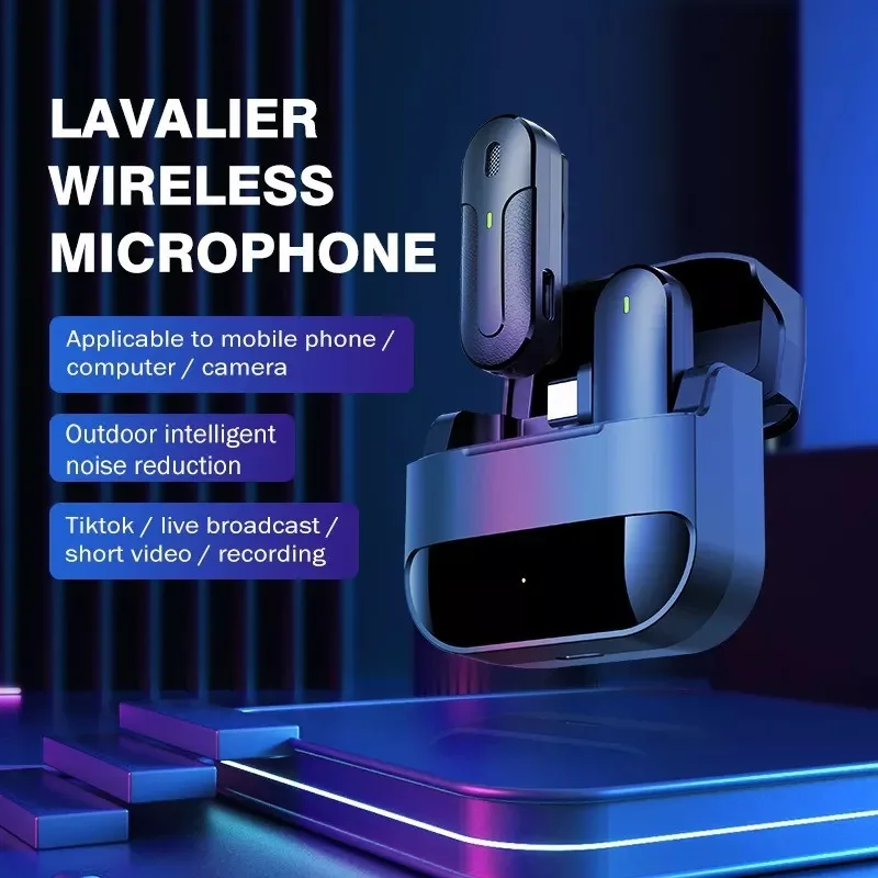 Microfone sem fio de lapela, duplo canal, para transmissão ao vivo e gravação de áudio, compatível com iPhone e telefones Android.