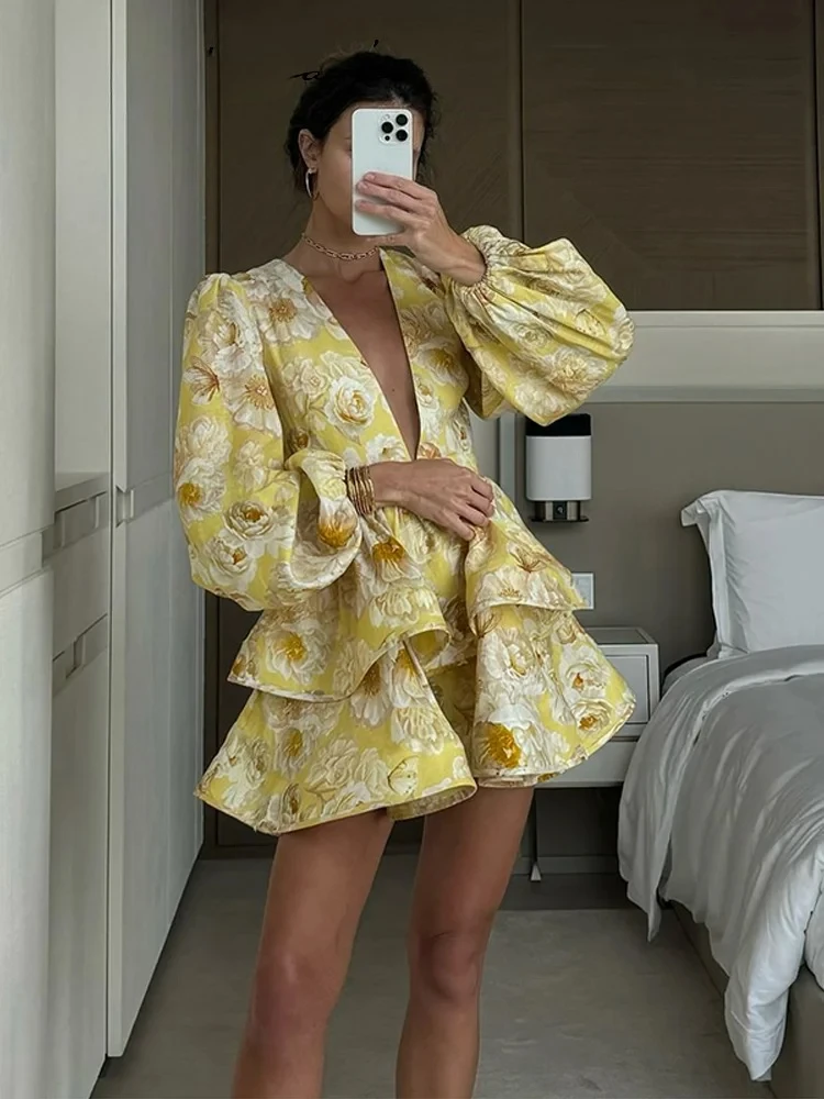 

Elegant Print Mini Dress Women V-neck Lantern Sleeves Ruffle A-line Dresses Female 2025 Spring Summer Vacation Fluffy Lady Robes