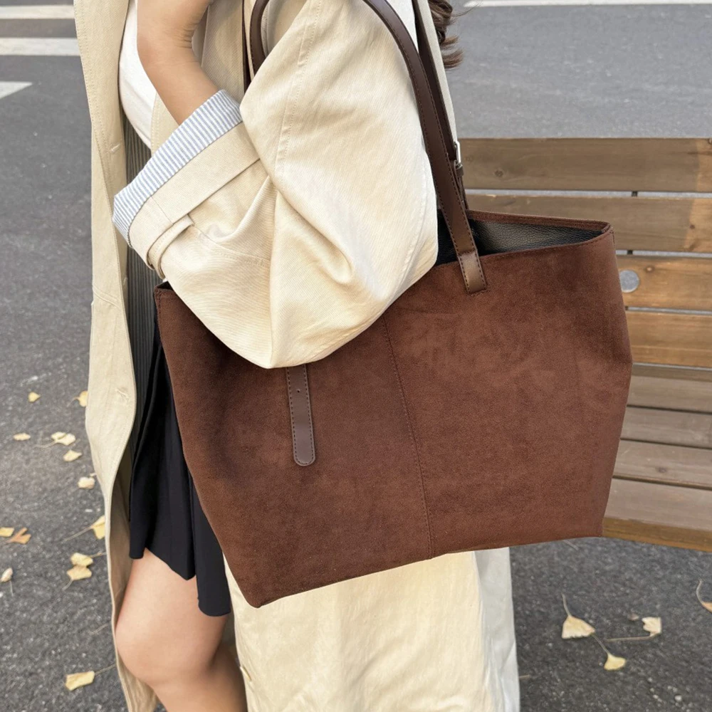 

Сумка-тоут из искусственной замши в стиле ретро, большая вместительная сумка-ведро для женщин, сумки с мягкой верхней ручкой, кошельки для покупок, дизайнерские сумки