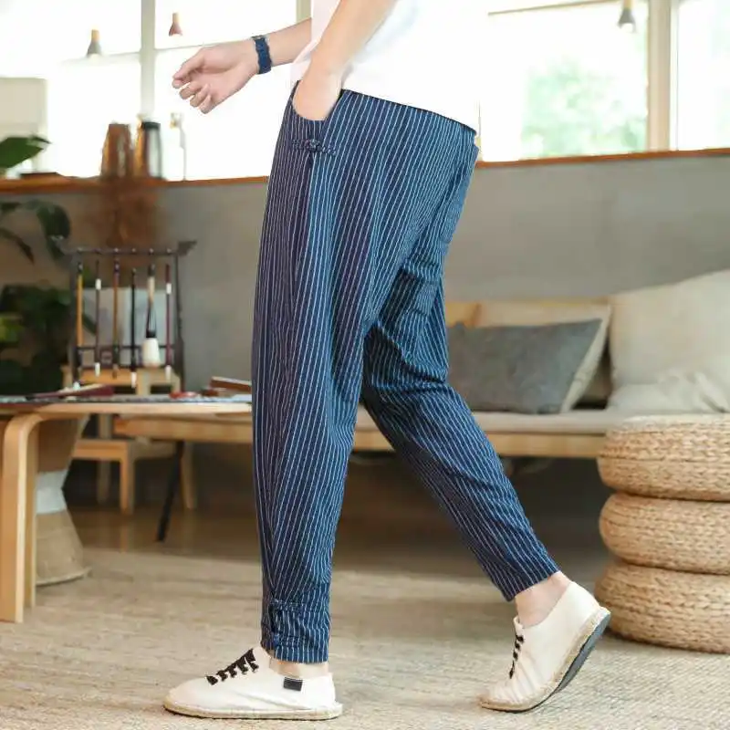 Men Clothing 2022 New Arrival Men\'s Elastic Waist Cotton Linen Trousers Men Stripe Harem Pant Ankle Length Pants