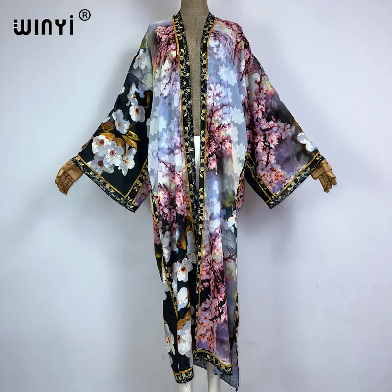 

WINYI dresses for women 2023 Comfortable kimono High-quality printed beach boho print Cardigan elegant evening silk maxi dress