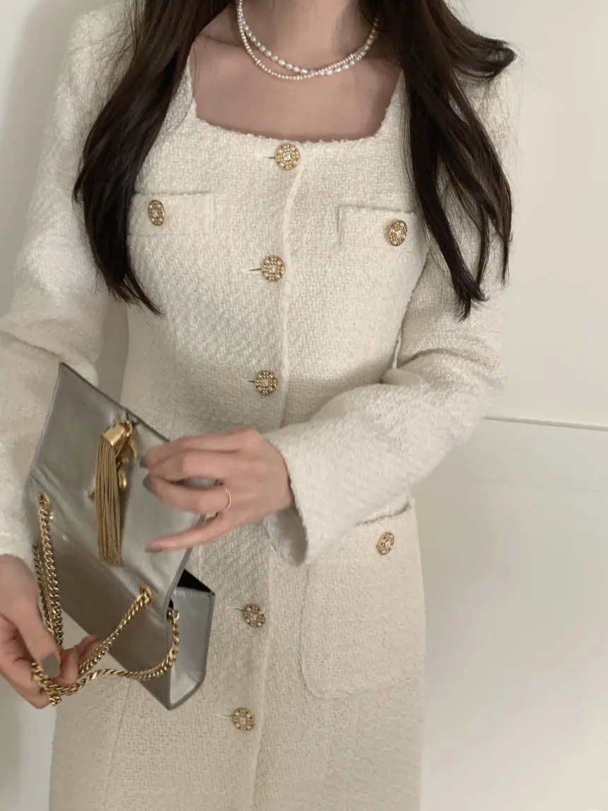 Button Square Neck Tweed Dress Mini Long Sleeve Pocket Vestido Curto Fall 2022 Winter White Vintage Elegant Black Korean Vestido