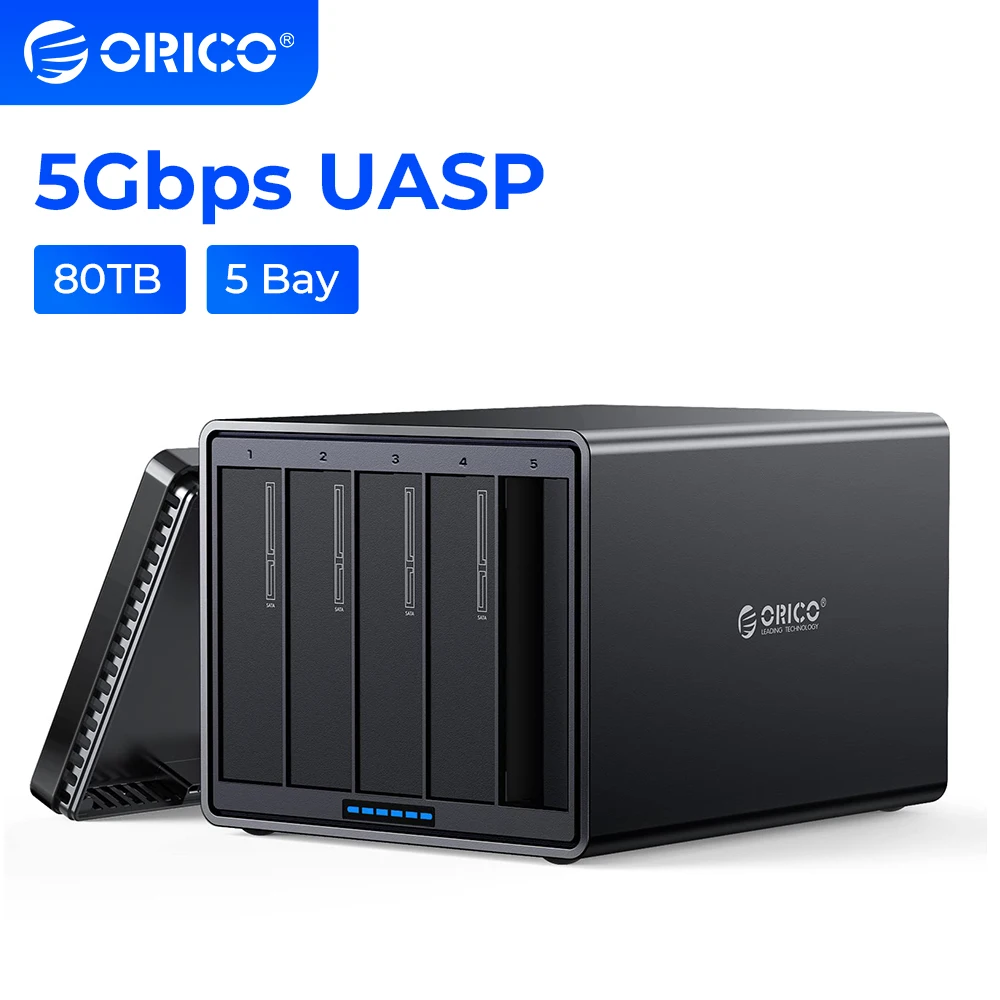 ORICO NS500 5 Bay 3.5inch 80TB Hard Drive Enclosure Magnetic Aluminum with Build-in Fan and 78W Power Supply