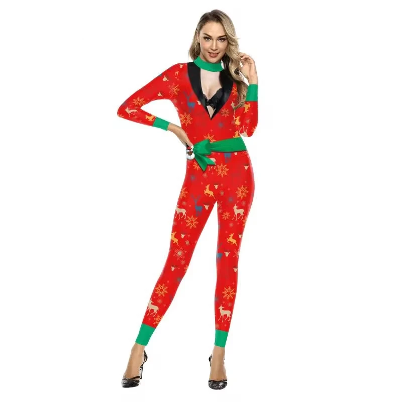 

Halloween Women Christmas Party Sexy Santa Tie Elk Print Sexy Women Cosplay Party Costume Bodysuit Leotard Jumpsuits Outfits