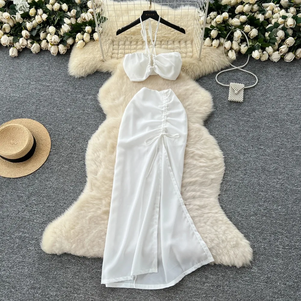 

Elegant Sexy Backless halter split High Waist Dress Vacation Vestidos Slim Women Party women clothing Two Piece Set