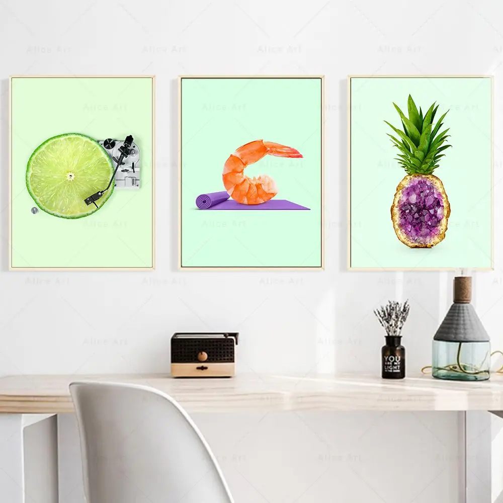 Funny Fruit Poster Avocado Guitar Lemon DJ Pineapple Cake Yoga Prawn Canvas Painting Wall Pictures Kitchen Kids Room Home Decor