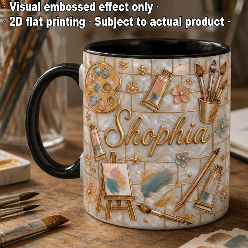 Custom 11oz White Ceramic Mug with Black Rim Handle Gold Foil Lettering Pearl Easel Palette Print Gift for Artist Teacher view 5