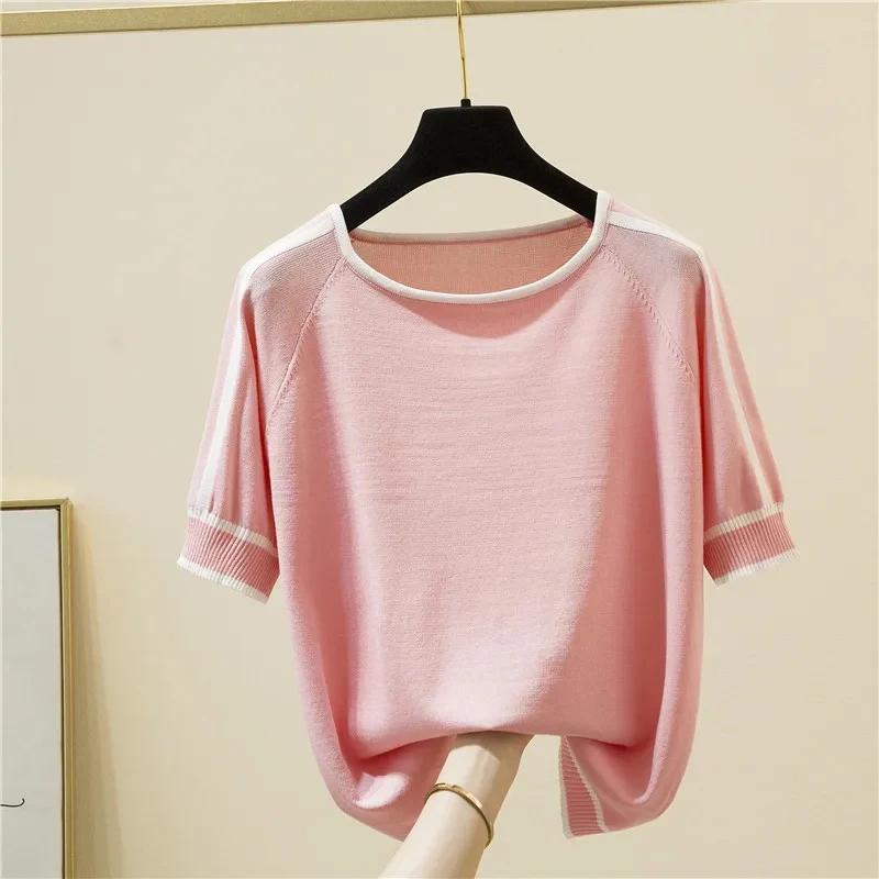 Summer Short Sleeve Tops Casual Thin Knitted T-Shirt Camisetas Mujer Elegant Woman Clothes Striped Fashion Tee Shirt Femme 18841