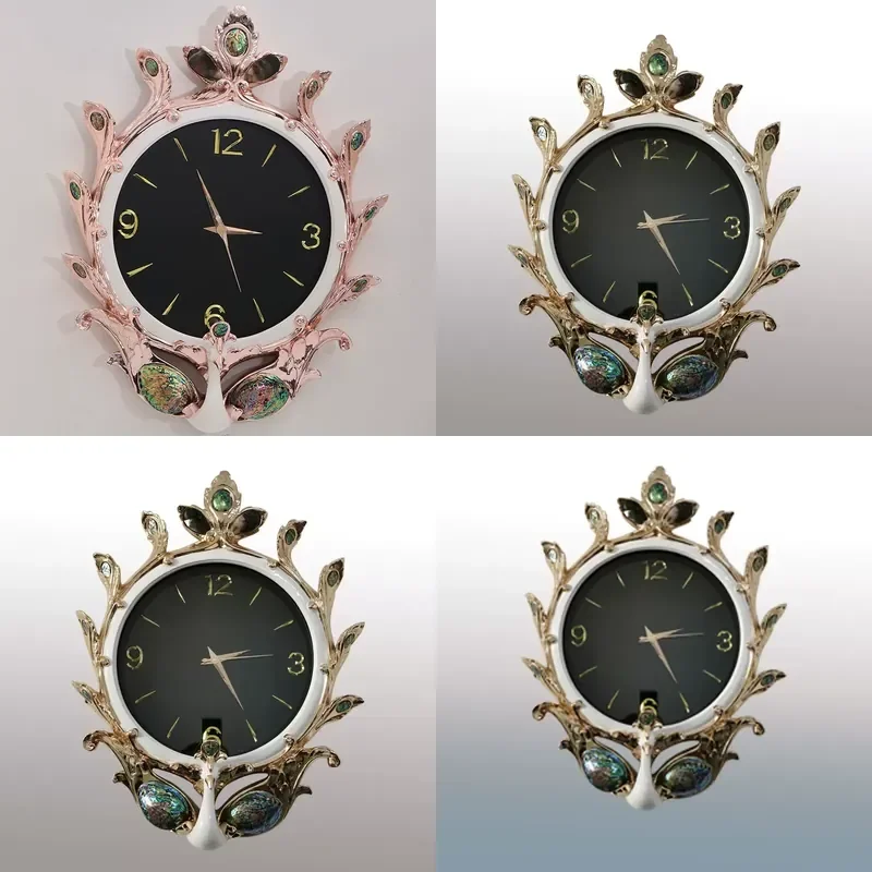 for Peacock Wall Clock European Oval Inlaid Shell Living Room Villa Bar Club Home Decor Silent Quartz Watch