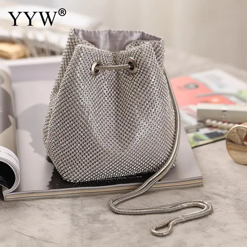 INS Mini Rhinestone Drawstring Women Tote Bag Classic Bling Sequin Diamond Female Handbag Metal Crossbody Soft Lady Wallet Purse