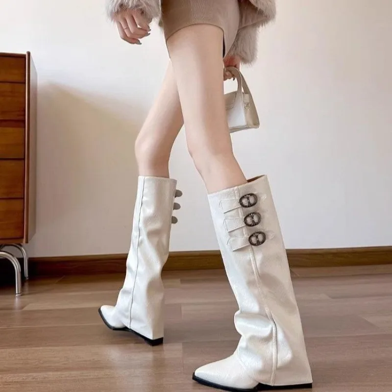 Women Pointed Toe Knee High Slouch Boots Faux Suede Multi Metal Buckle Straps Fold Over Cuff Retro Western Cowgirl Tall Boots view 4
