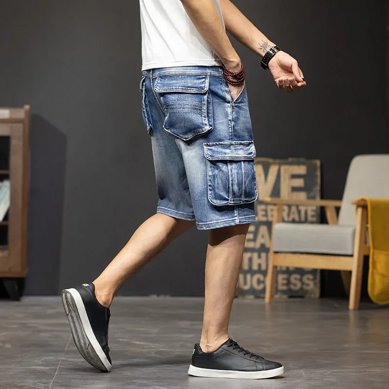 Men\'s Short Jeans Pants Half with Pockets Male Denim Shorts Knee Length Long Cargo Korean Fashion Hip Hop Vintage Y2k Summer Xl