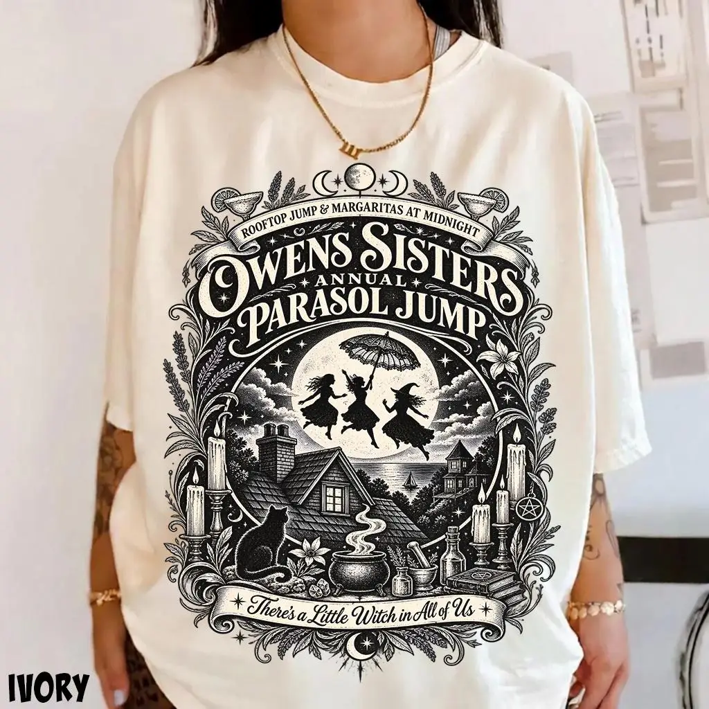 Praktisches Halloween-Shirt mit dem Motiv „Owens Sisters Parasol Jump Midnight Margaritas“, kurzärmeliges T-Shirt für Damen, geeignet für Damen und Herren. – Detail 7
