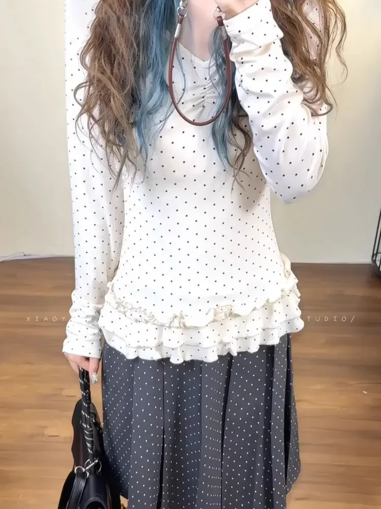 Polka Dot Ruches Lange Mouw T-shirts Vrouwen Herfst Zoete Slim Fit Base Tops Koreaanse Chic Veelzijdige Y2k Esthetische Tees