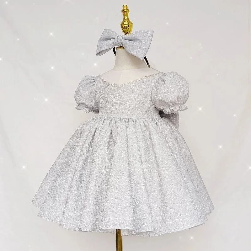 Baby Girl Princess Pearl Bling Dress Puff Sleeve Infant Toddler Teen Vestido Bow Party Pageant Birthday Baby Clothes 1-14Y