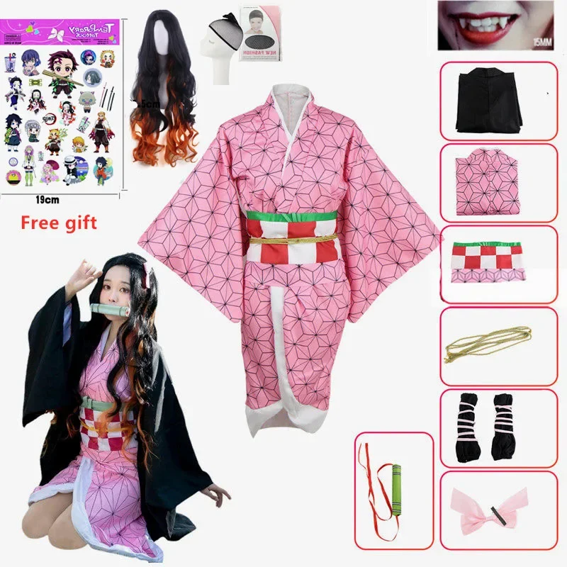 Anime Kamado Nezuko Cosplay Costume Kimono Devil Hunter Kamado Nezuko Costume Wig Womens Girls Kimono Uniform Clothes